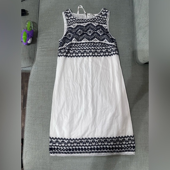 Max Mara Studio White Navy Blue Embroidered Sleeveless Cotton Shift Dress Sz XS - Picture 2 of 7